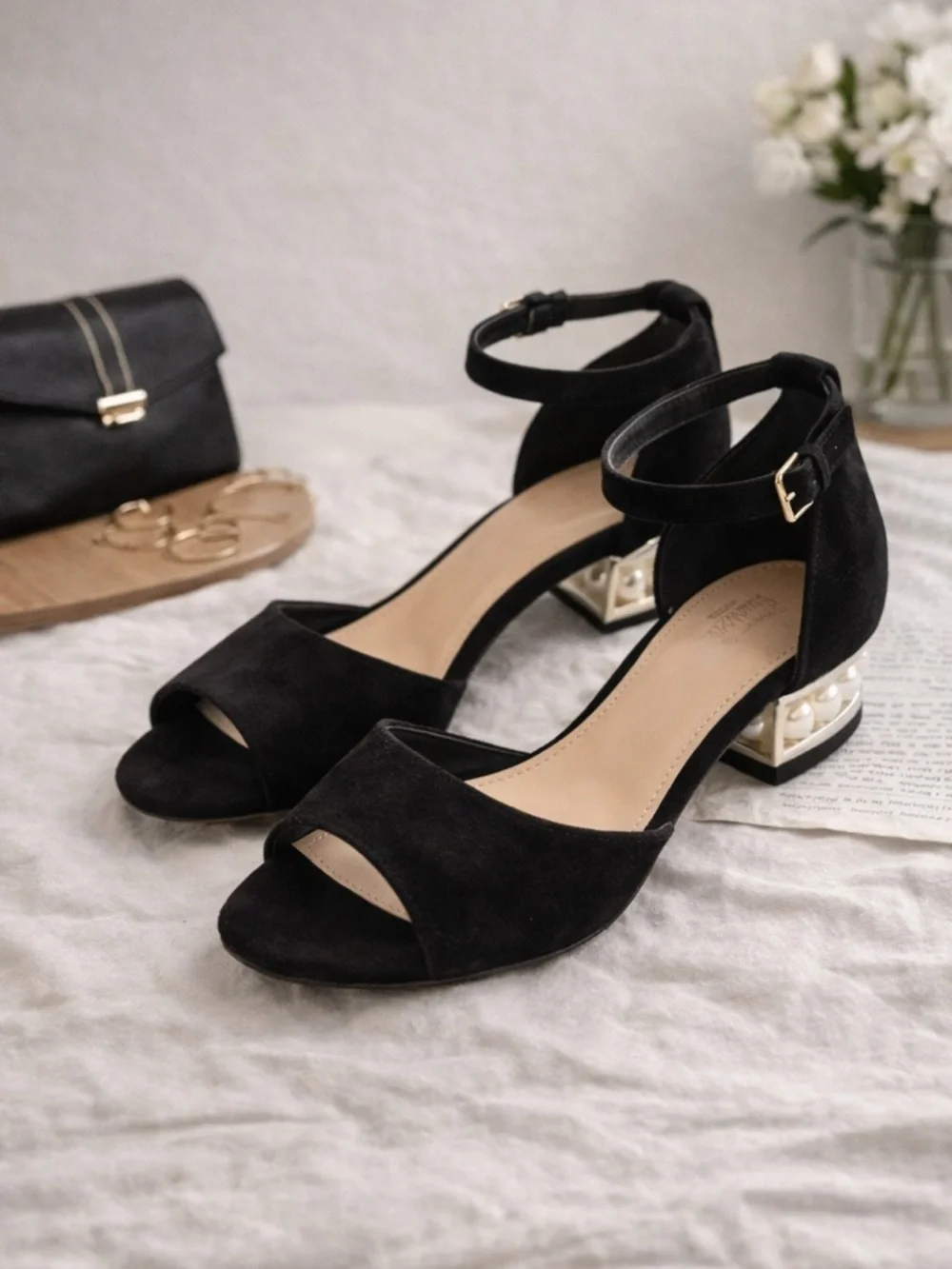 NWOT Black Suede Sandals Pearl Block Heel Ankle Strap Dress Shoes 7